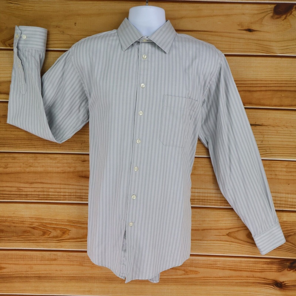 Santorelli Dress Shirt Trim Fit Mens 17 L Gray Silver Stripes Cotton Long Sleeve